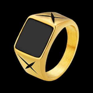 Ring aus Edelstahl mit 14K Goldbeschichtung und Schwarzem Onyx Stein