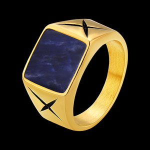 Ring aus Edelstahl mit 18K Goldbeschichtung und Blauem Onyx Stein