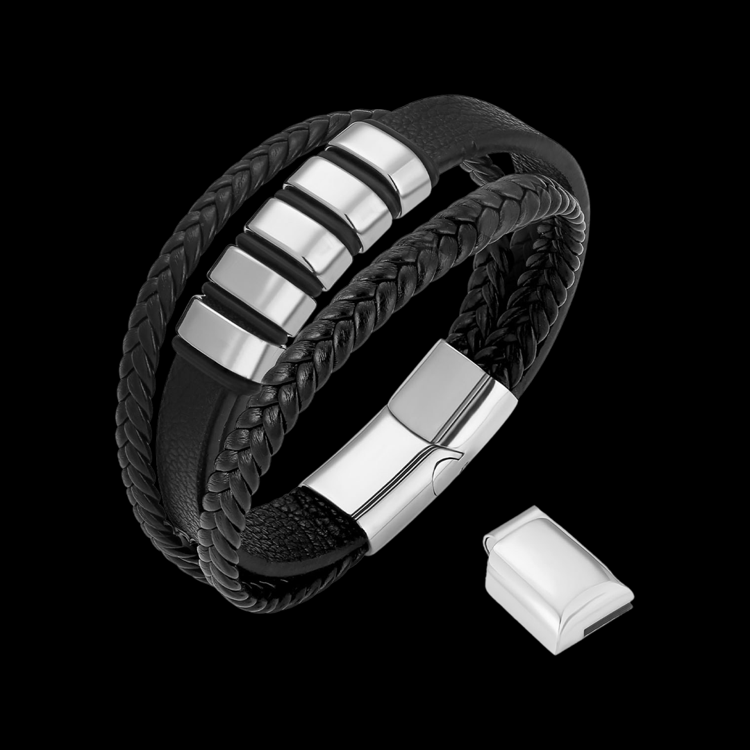 Lederarmband aus echtem schwarzen Kalbsleder mit 316L-Edelstahl Ringen