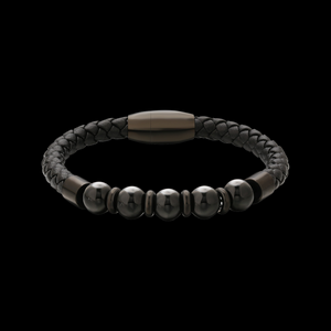 Lederarmband aus echtem schwarzen Kalbsleder mit schwarzem 316L-Edelstahl und natürlichen Obsidianperlen